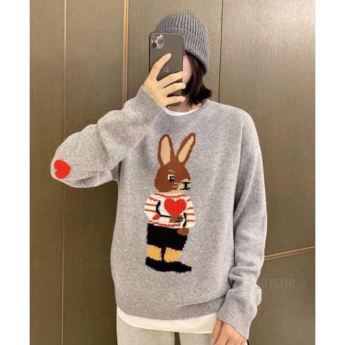 2021 Spring New Cute Sweaters for Women Jumpers Fashion Cartoon Rabbit Jacquard Red Heart Knitted Sweater Women O-neck Pullover