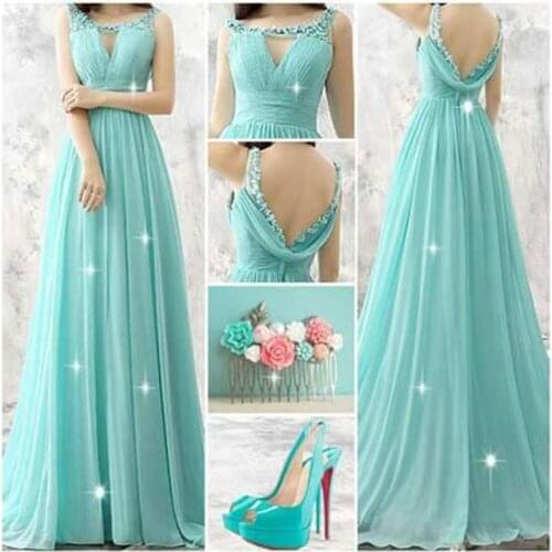 Womens formal dress elegant dew-back sky blue chiffon A-shaped floor long luxury Beaded bridesmaid evening dress