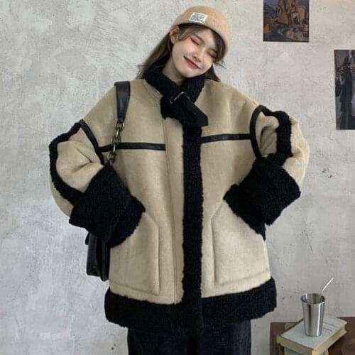 Autumn Winter 2020 Womens New Lamb Wool Coat Korean Color Matching Thick Loose Wild Zipper Pocket Long-Sleeved Tops Female Q307