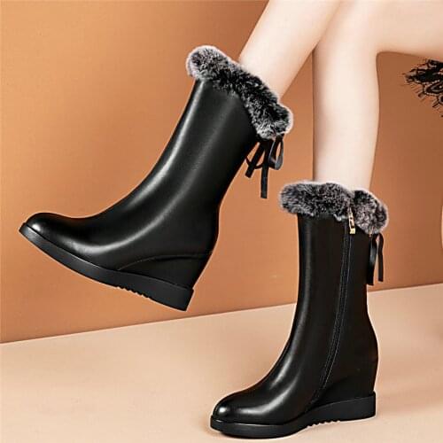 Winter Warm Rabbit Fur Pumps Shoes Women Genuine Leather Wedges High Heel Ankle Boots Female High Top Platform Oxfords Shoes US8