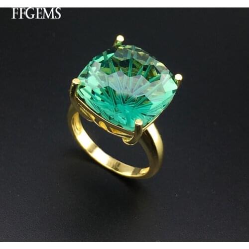 FFGems Natural Green Crystal Rings Sterling Real 925 Silver Amethyst Quartz Gemstone Fine Jewelry Women Engagement Wedding Gift
