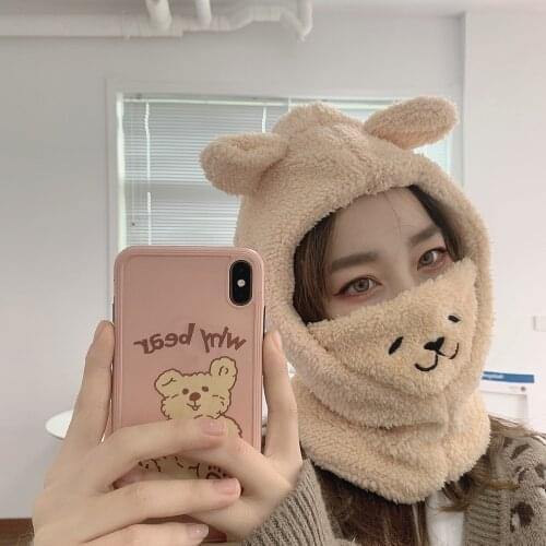 Cute Cartoon Bear Ear Hat Lamb Plush Cap Winter Warmth Thickened with Mask Cap New for Women Girl Couples
