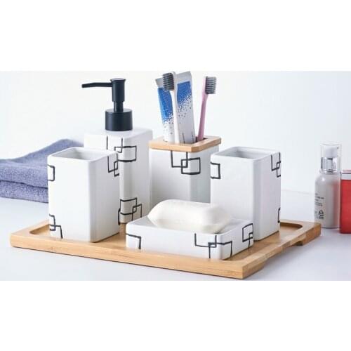 Ceramic Bathroom Accessorie Set Soap Dishes/Dispensers Toothbrush Holder & Gargle Cup With Wood Tray Wedding Gift European Style