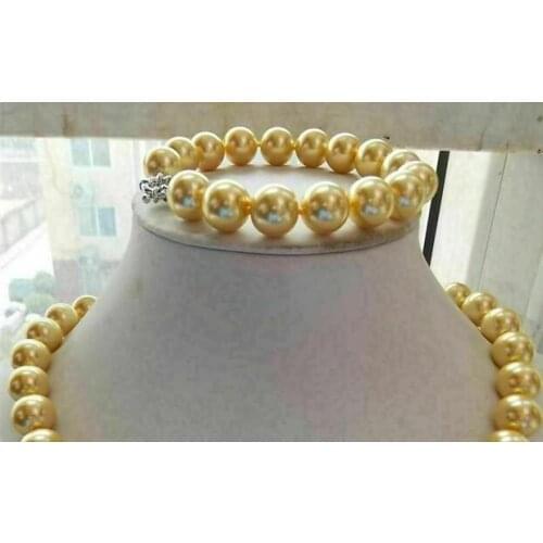 Charming 14mm Gold Shell Pearl Round Beads Necklace 18" + Bracelet 8" Set