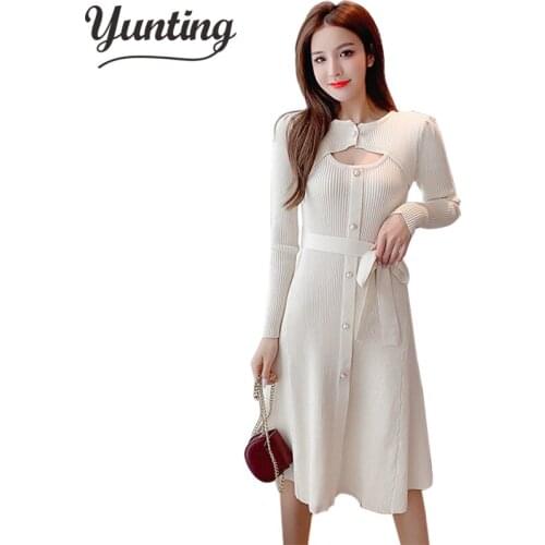 Autumn Winter Knit Long Dress Women Casual O-Neck Slim Sweater Dresses Office Lady Dress