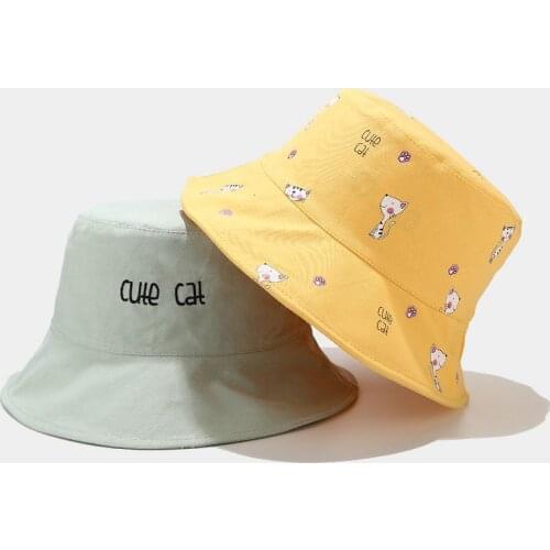 2020 Bucket Hat Double Sided Sun Hats For Women Men Basin Chapeau Cartoon Cat Print Fisherman Cap Students Bob Femme Panama Hats