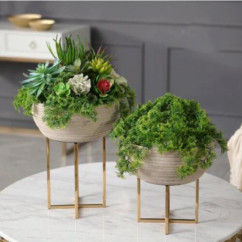 Luxury Resin Semicircular Flower Pot Art Vase Tabletop Plant Dried Flower Pot With Gold Metal Shelf Home Office Vases Decorative