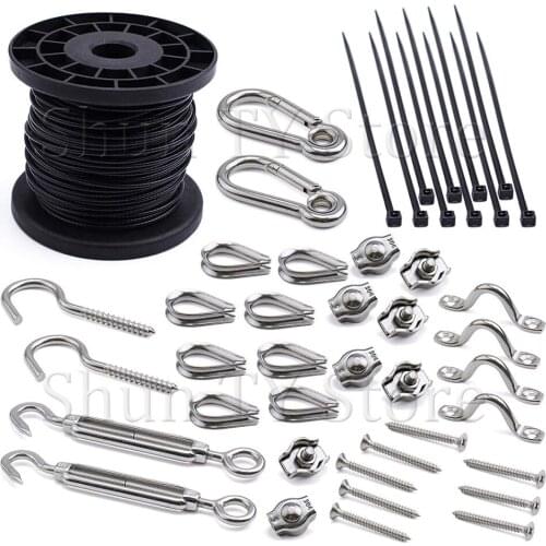 Outdoor String Lights Hanging Kit 50M Black Vinyl-Coated 304 Stainless Steel Cable Hook & Eye Turnbuckle Wire Rope Tension