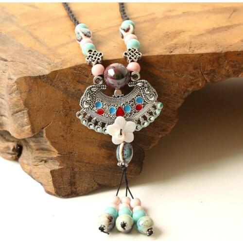 Vintage Silver Color Hollow Flower Circle Shell Flower Long Tassel Pendant Necklaces Jewelry For Women Necklace Charm Choker