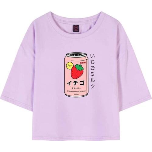 Womens T-shirt Crop Top Women Japanese Streetwear Letter Strawberry Milk T Shirt Kawaii Tee Short Sleeve Tees Harajuku Girl