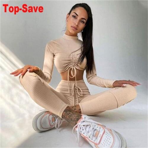 2021 Autumn Tracksuit Women Two Piece Set Solid Color Long Sleeve Sweatshirt Ruffles Ribbed Sports Suit Women Set Wholesale