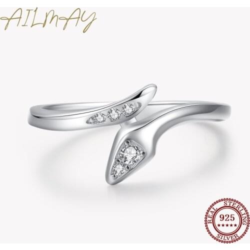 Ailmay New Arrival 925 Sterling Silver Fashion Snake Shape Open Adjustable Finger Ring For Women Girls Party Accessories Jewelry