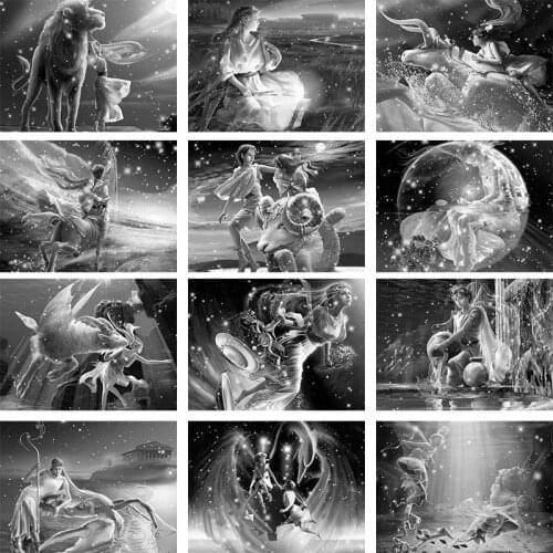 Black White Zodiac Sign Diamond Painting DIY Full Square Drill Gemini Leo Aries Diamond Embroidery Birthday Gift Black Decor