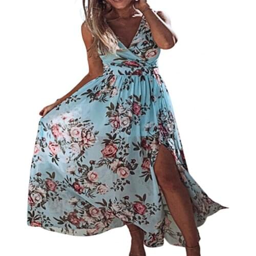 Boho Floral Print Long Maxi Dress Deep V Neck Summer Beach Evening Party Sundress Sleeveless Split Dress Elegant Ladies Vestidos