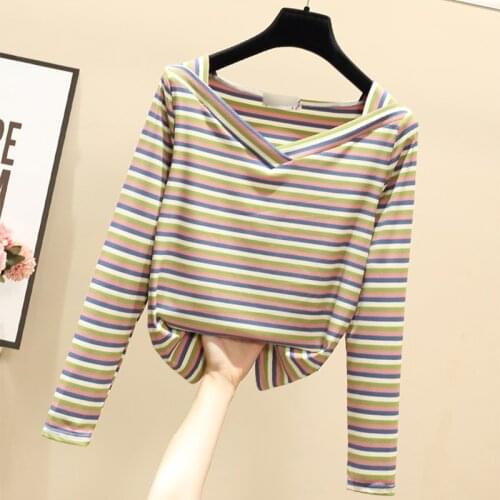 T Shirt Women New Spring Fashion Korean V Neck Slim Cotton Casual Tops Female Patchwork Striped Long Sleeve Tees T-Shirt Femme