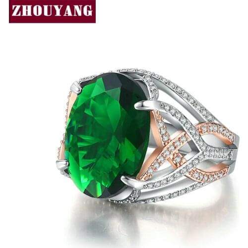 ZHOUYANG Rings For Women Luxury 4 Claw Egg Shape Emeraldcolor Cubic Zirconia Rose Gold & Silver Color Gift Fashion Jewelry YG048