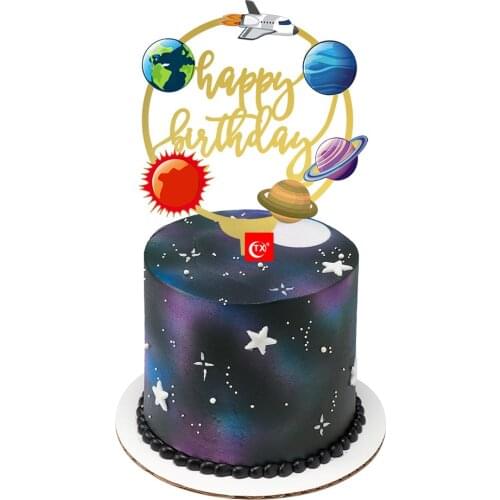 Spacecraft Rocket Happy Birthday Cake Toppers Acrylic Outer Space Astronaut Cake Flags Kids Birthday Party Cake Baking Decor