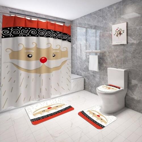 Cute Santa Face Fabric Shower Curtain Waterproof Merry Christmas Carpet Toilet Cover Bath Mat Set Bathroom Curtains with Hooks