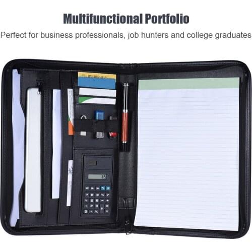 Multifunctional Professional Business Zippered Portfolio Padfolio Folder Document Case Organizer A4 PU Leather with Card Holder