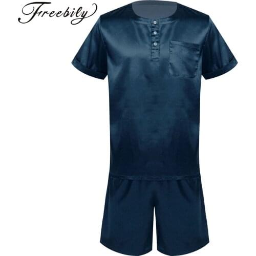Mens Satin Pyjama Set Summer Pyjamas Nightdress Short Sleeve with Button Placket Shorts Two Piece Sleepwear Loungewear