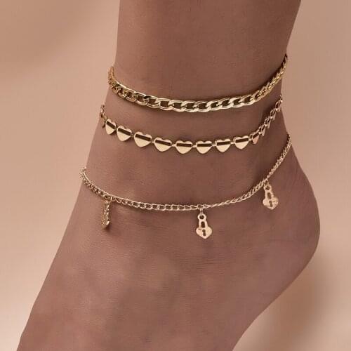 3 Pcs/Set Women Anklets Set Simple Lock Heart Hollow Geometric Pendant Gold Anklet Fashion Birthday Party Female Jewelry