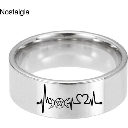Nostalgia ECG Triple Moon Goddess Crescent Moon Love Heartbeat Wave Titanium Ring Wicca Pentagram Valentines Day Gift 2019