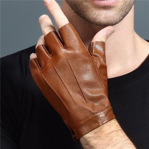 Goatskin Semi-Fingers Gloves Male Driving Summer Thin Non-Slip Fitness Half Finger Genuine Leather Mans Gloves NAN43