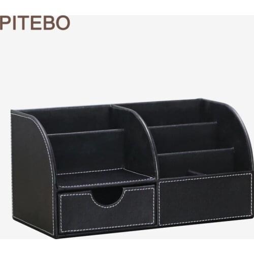 PITEBO 5-slot wood leather multi-function desk stationery organizer pen pencil holder storage box case container black