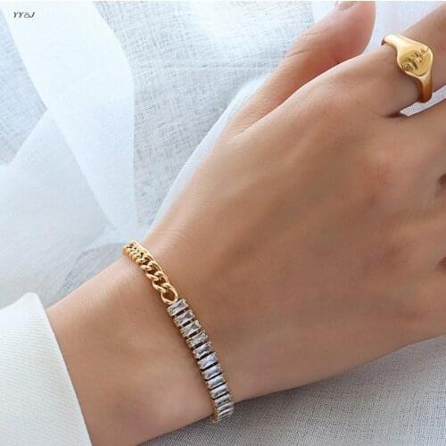 Half diamo crystal tennis bracelet bangles for women stainless steel gold splicing chain bracelets wholesale items dropship