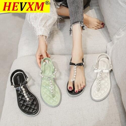 2021 Women Sandals Fashion White Beads Shoes For Women Slippers Summer Shoes Flat Heel Non-Slip Female Casual Beach Shoes