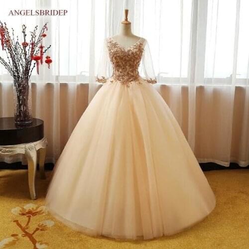 Sexy Champagne Ball Gown Quinceanera Dresses Long Sleeves vestidos de 15 Party V-Neck Applique Floor-Length Princess Dress