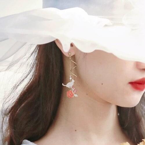 Earrings Green Leaf Cat Rose Flower Long Asymmetrical Pearl Tassel Ethnic Style Simple Temperament Hundred Matching Accessories