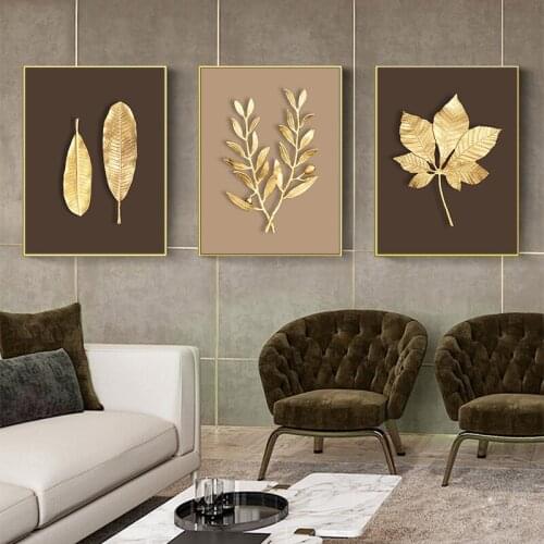 Modern Abstract Golden Plant Leaf Wall Art Canvas Painting Nordic Posters and Prints Wall Pictures for Living Room Home Decor