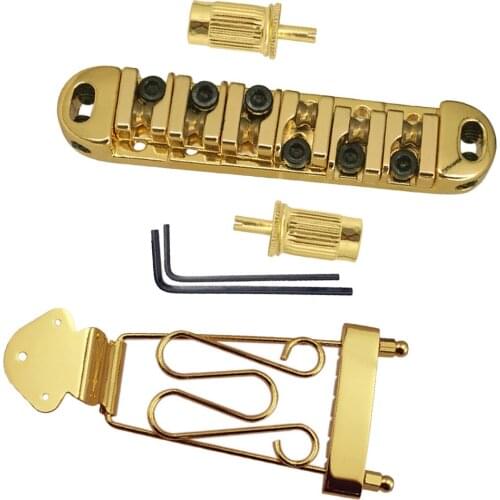 Trapeze Taiiece+Roller Saddle Bridge with Threaded Posts Studs, Wrenches for Jazz Bass Guitar/ Electric Guitar - Golden