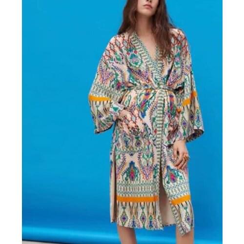 ZA Women Tops Printed Shirt Lace Up Deep V-Neck T-Shirt Outwear Loose Casual Set 2021 Beach Summer