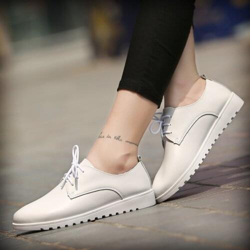 2020 Women Students Gril Female Genuine Leather White Shoes Flats Platform Lace Up Korean Casual Vulcanized Shoes