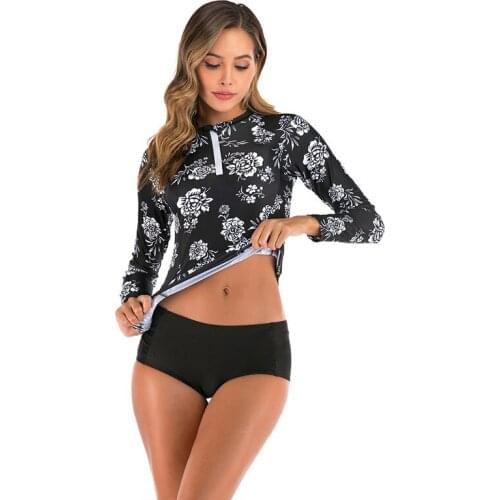 2Pcs Women Swimsuit Set Floral Printing O-Neck Long-Sleeves Close-Fitting Top + Black Middle-Waist Briefs Suit for Girls