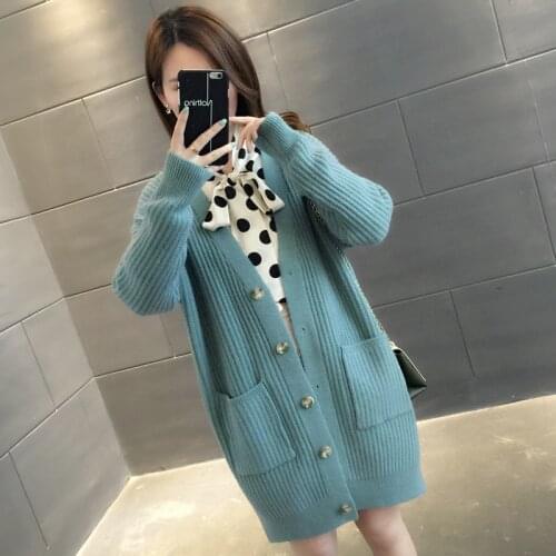 Knitted Sweater Cardigan Womens Invierno 2019 New V-neck Pocket Button Ladies Loose Thick Autumn Winter Sweater Coat Sale A877