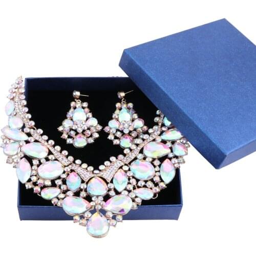 Collier Femme Retro Statement Choker Necklace Earring Gold Color Crystal Flower &Pendants Maxi Women Collares And Gift Boxes