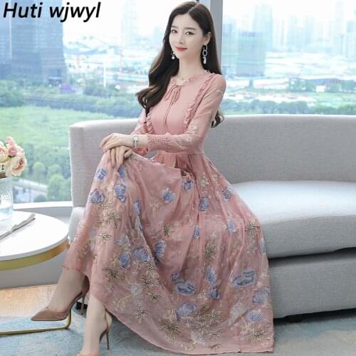 2021 Autumn Winter New Midi Dress Vintage Embroidery Floral Chiffon Boho Beach Dress Women Party Pink Chic Casual Maxi Vestidos