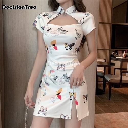 2021 sexy woman nightclub cheongsam chinese style butterfly printed qipao short hollow out party split nightclub sheath dress