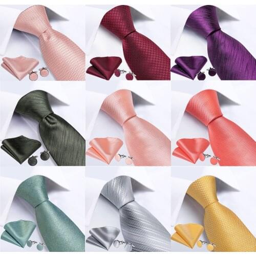 DiBanGu Men Tie Solid Pink Color Formal Wedding Necktie Silk Jacquard Woven Tie Handkerchief Cufflinks For Men Business Suit