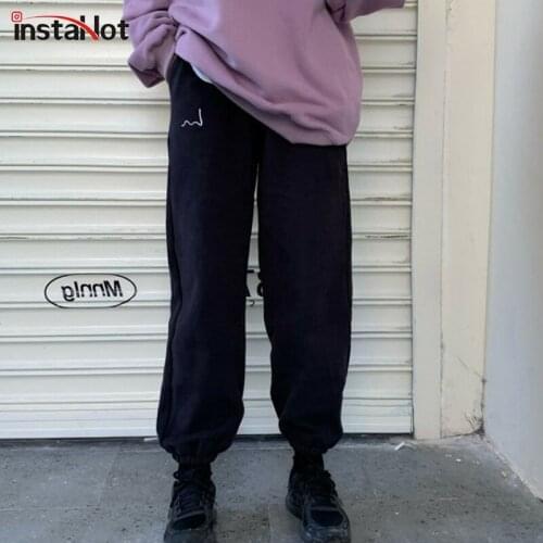 InstaHot Thicken Winter Sweatpant Women Embroidery Casual Leisure Solid Gray Black Pant Streetwear Female Jogger Baggy Trousers
