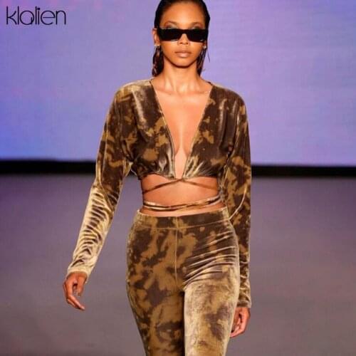 KLALIEN Autumn Fashion Sexy Low Chest V Neck Print Leopard Two Piece Set For Women 2021 New Warm Flannel Thicken Suit Ladies