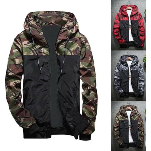 New Men Casual Camo Thin Zipper Hooded Jacket Wind Breaker Loose Coat Tops Fashion Long Sleeves Windbreak 2020 Hot