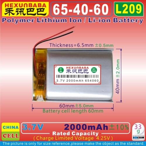 [L209] 3.7V 2000mAh [654060] PLIB ; polymer lithium ion / Li-ion battery for MP3;cell phone,speaker;power bank,DVD,GPS,MP4