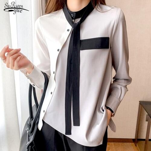 2021 Fashion Chiffon Blouse Women Bow Tie Casual Solid Long Sleeve Female Shirt Spring Button Ladies Clothing Tops Blusas 13160