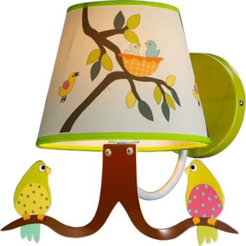 Cute Birds Fabric Children Room Wall Lamp Kids Study Room Cartoon Wall Lights Boy Girl Tree Branch Painting Room Wall Light