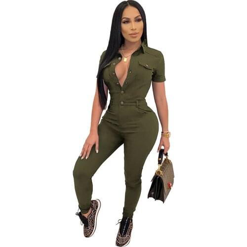 New Arrival Famous Brand Denim Jumpsuits Solid Turn-down Collar Button Sexy Bodycon Rompers