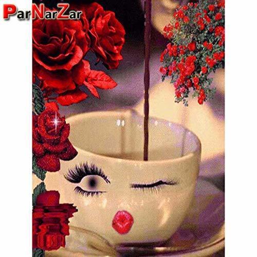 ParNarZar Diy 5D Diamond Painting Embroidery Cross Stitch Diamond Art Red Flower Coffee Cup Pattern Needle Work Craft Sewing Kit